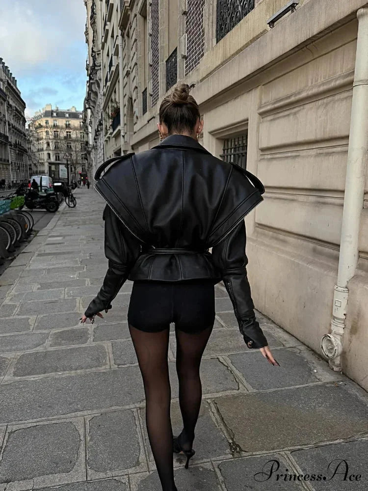 Dark Belted Zippered Bomber Leather Jacket coats-241228