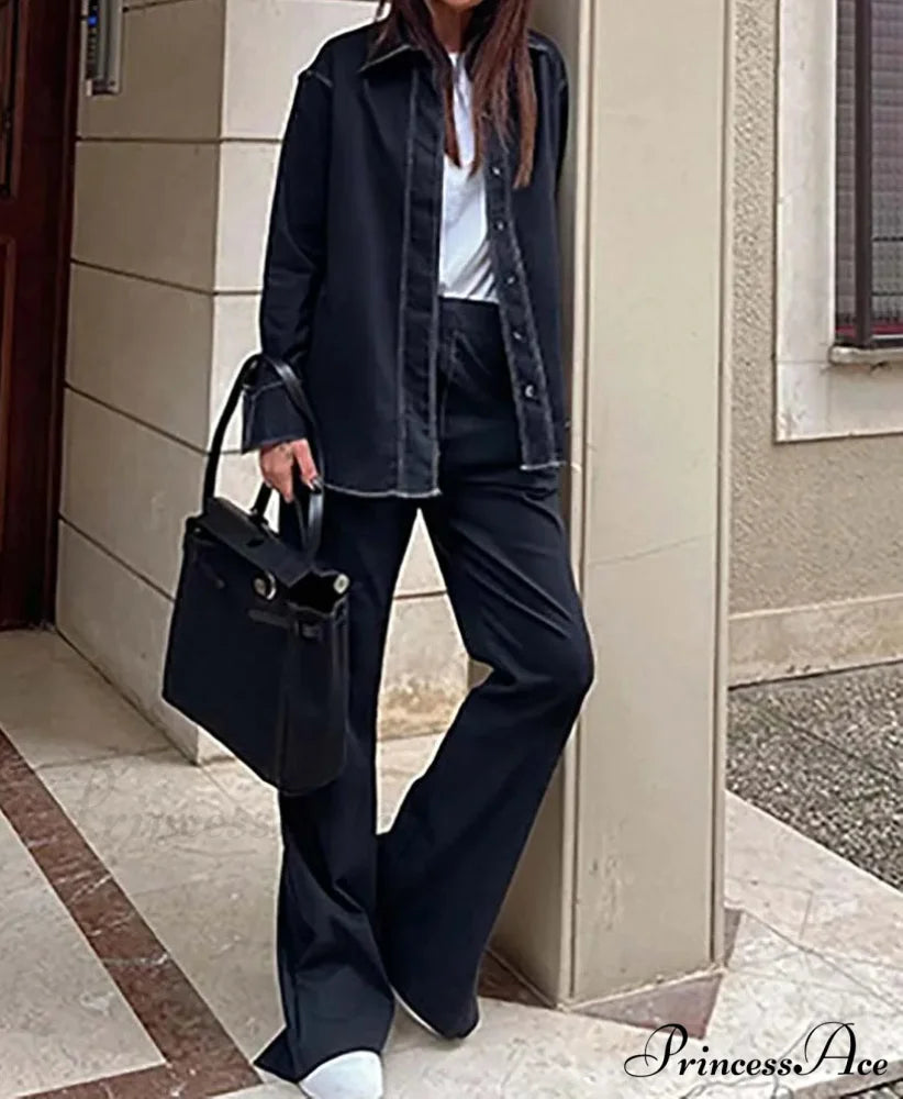 Dark Blue Button Pockets Pants Workplace Two Piece Set Navy Blue / S officetwopieceset-250223