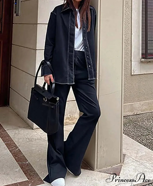 Dark Blue Button Pockets Pants Workplace Two Piece Set Navy Blue / S officetwopieceset-250223