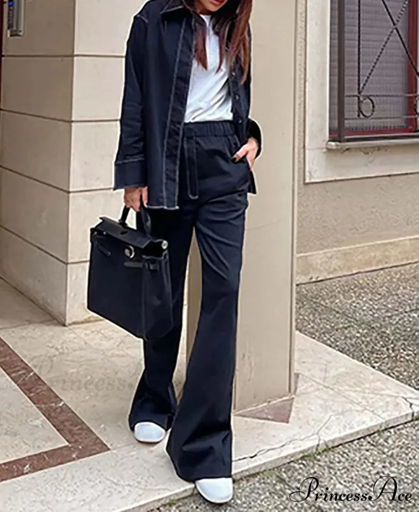 Dark Blue Button Pockets Pants Workplace Two Piece Set officetwopieceset-250223
