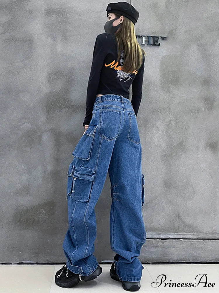 Dark Blue Pockets Wide Leg Jeans