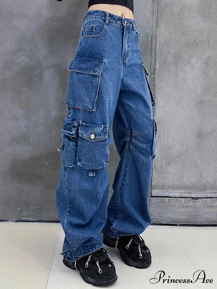 Dark Blue Pockets Wide Leg Jeans