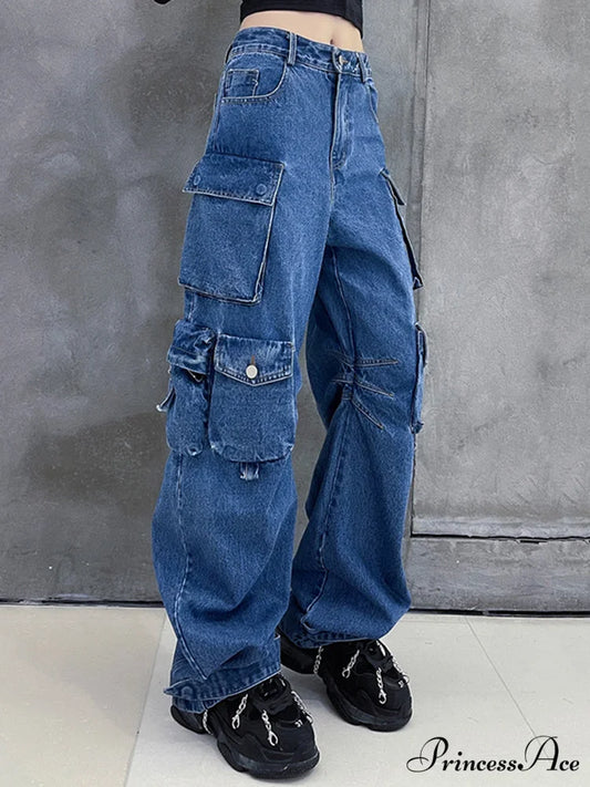 Dark Blue Pockets Wide Leg Jeans