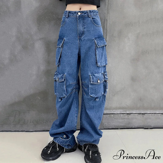 Dark Blue Pockets Wide Leg Jeans