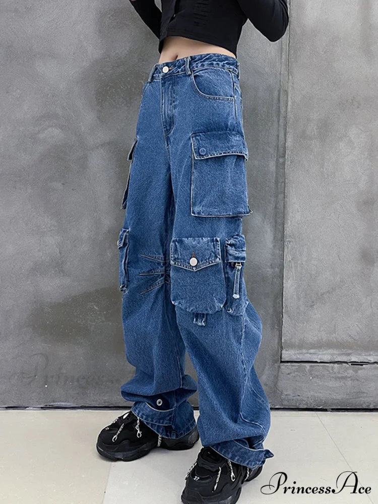 Dark Blue Pockets Wide Leg Jeans