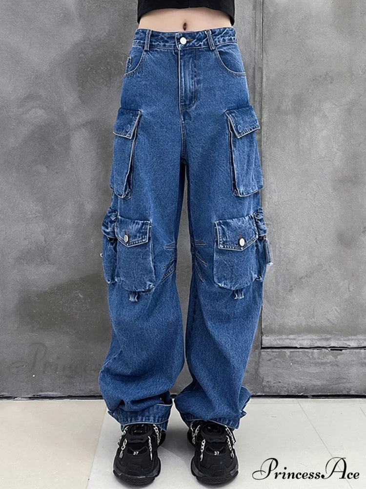 Dark Blue Pockets Wide Leg Jeans Denim Blue / S