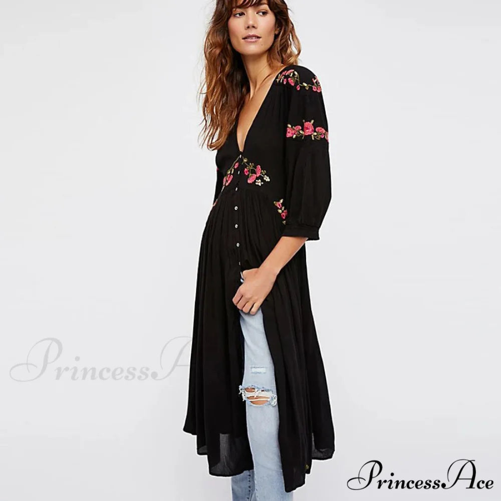 Dark Bohemian Extended Dress Flower Stitching V-neck Free-spirited Dress bohodress-250126