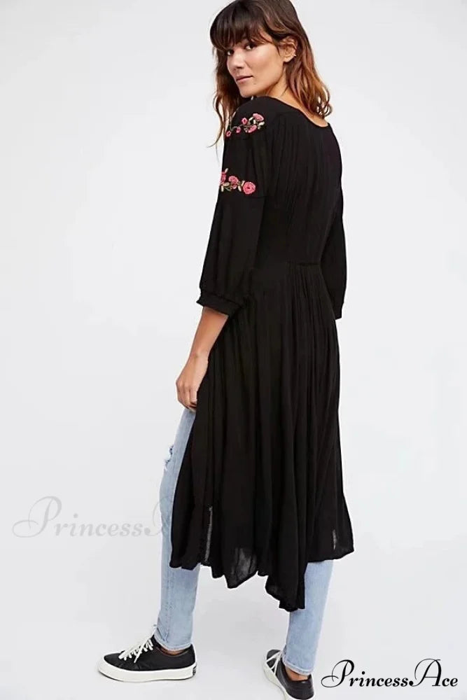 Dark Bohemian Extended Dress Flower Stitching V-neck Free-spirited Dress bohodress-250126