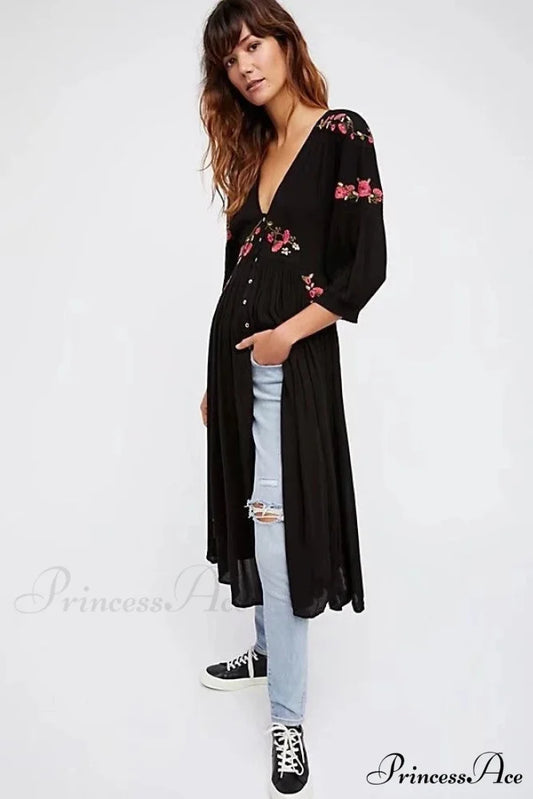 Dark Bohemian Extended Dress Flower Stitching V-neck Free-spirited Dress bohodress-250126