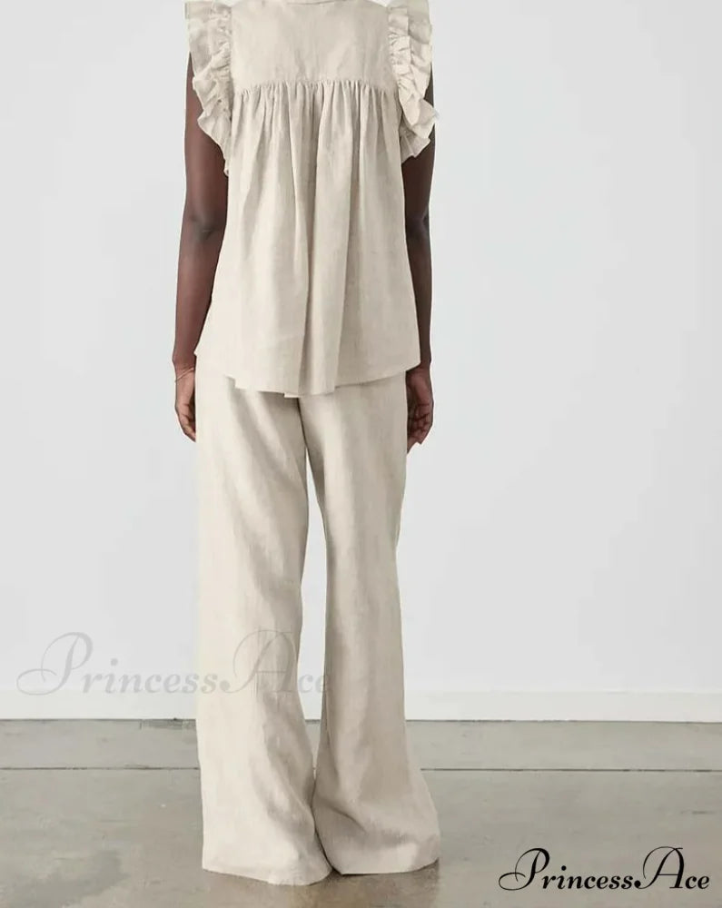 Dark Cotton Frilled Basic Pants Workplace Two Piece Set Beige / S officetwopieceset-250223