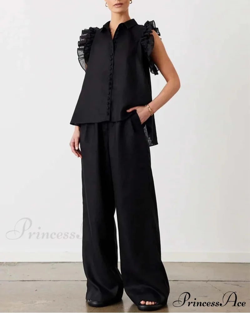 Dark Cotton Frilled Basic Pants Workplace Two Piece Set Black / S officetwopieceset-250223
