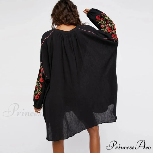 Dark Cotton Rayon Floral Stitching Seaside Dress bohodress-250126