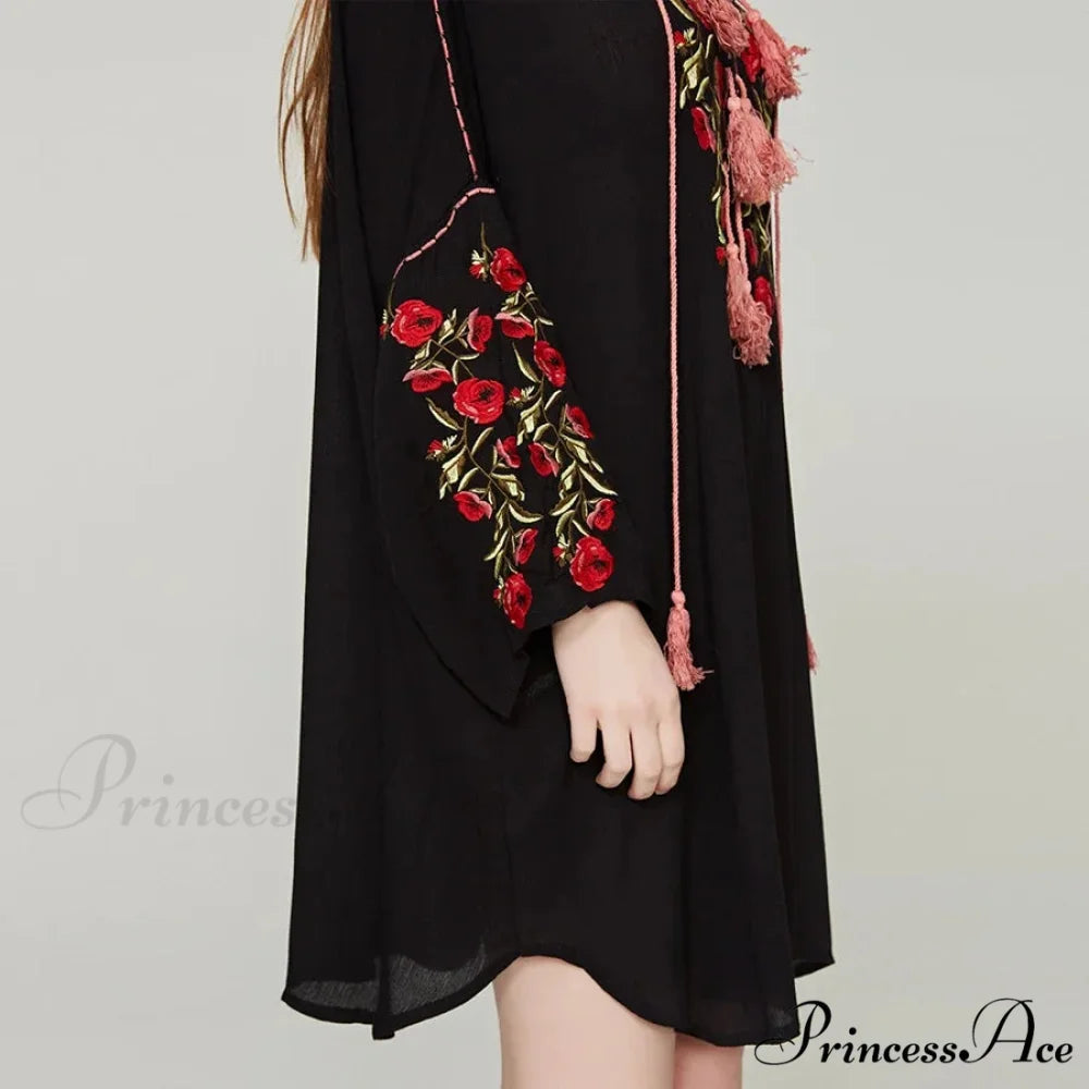 Dark Cotton Rayon Floral Stitching Seaside Dress bohodress-250126