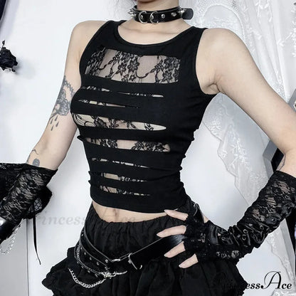 Dark Cut Out Sexy Grunge Punk Mall Gothic Splice Lace Techwear Bodycon Crop Top Black / S
