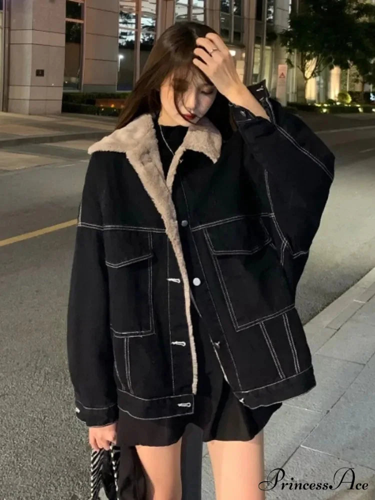 Dark Denim Stylish Fur Lining Jacket black / S