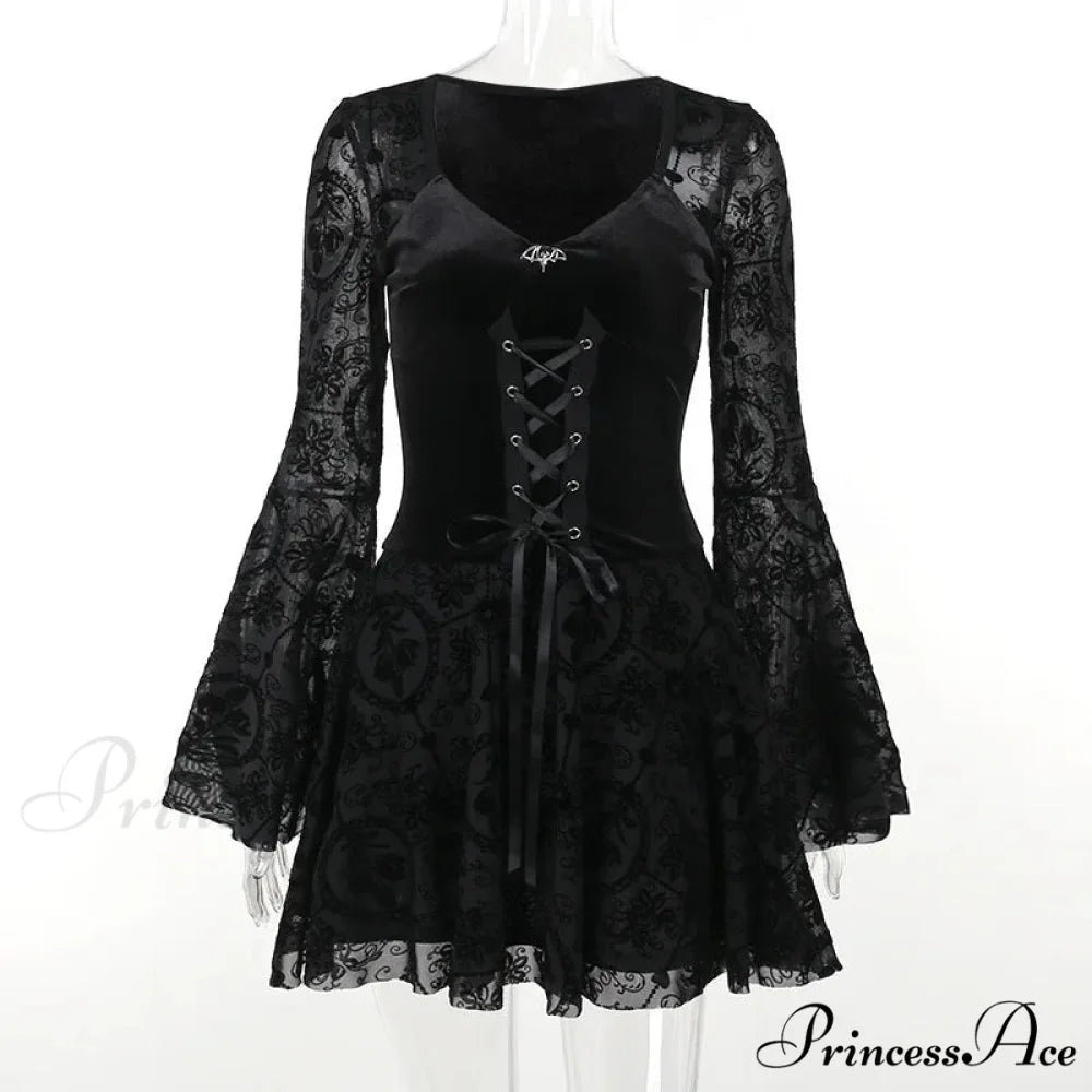 Dark Elegant Vintage Gothic Velvet Dresses Grunge Punk Style Flocked Bandage Flare Sleeve Party Dress Black / S