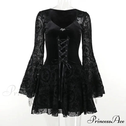 Dark Elegant Vintage Gothic Velvet Dresses Grunge Punk Style Flocked Bandage Flare Sleeve Party Dress Black / S