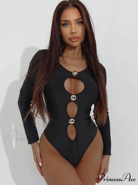 Dark Empty Button Single Piece Swimsuit Black / S onepiece-250223