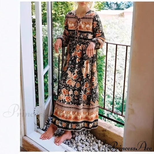Dark Floral Pattern Necktie Long Sleeve Rayon Maxi Boho Dress Black / S bohodress-250126