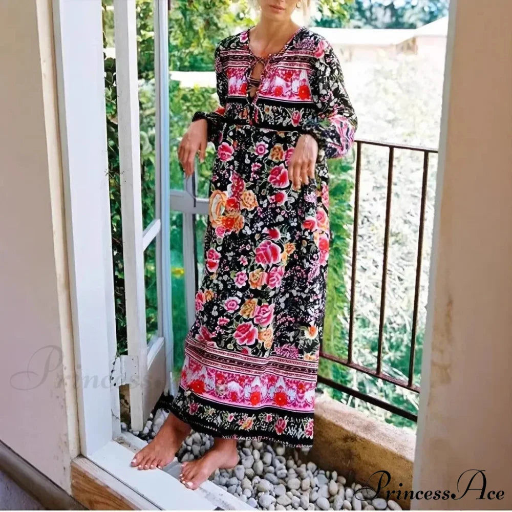 Dark Floral Pattern Necktie Long Sleeve Rayon Maxi Boho Dress navy / S bohodress-250126