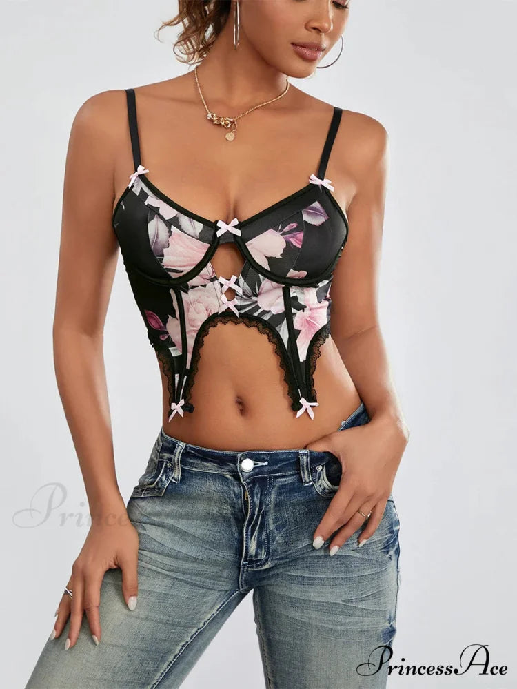 Dark Flower Low Cut Thin Strap Open Back Top croptop-250126