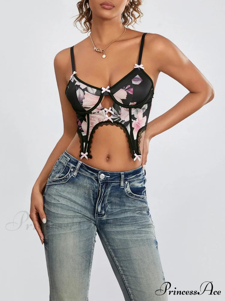 Dark Flower Low Cut Thin Strap Open Back Top croptop-250126