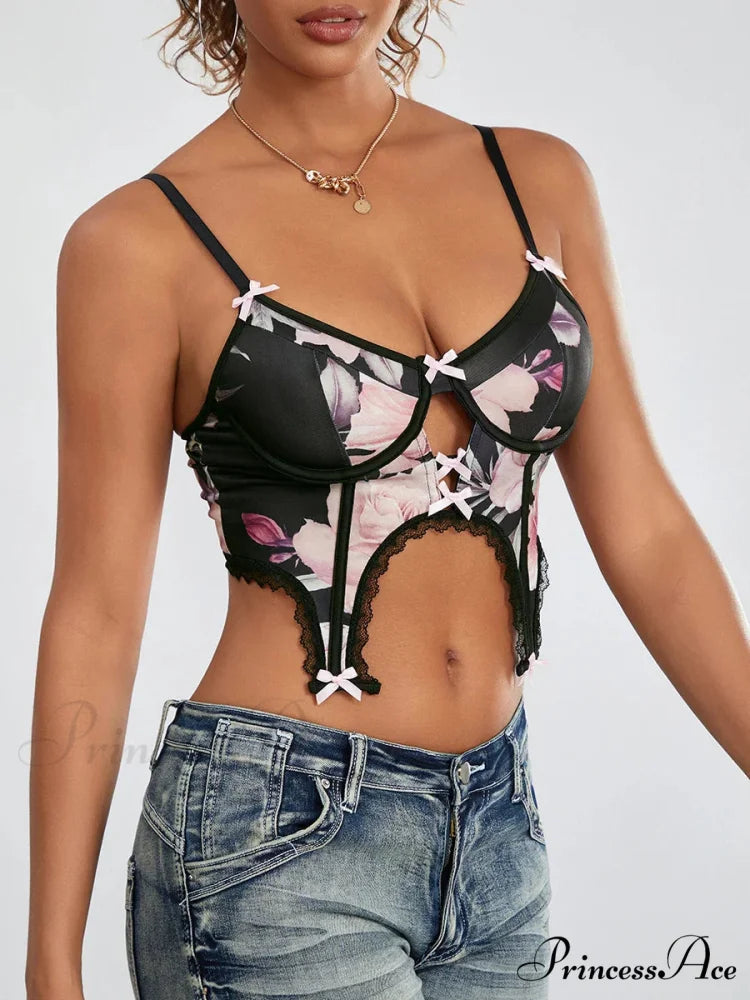 Dark Flower Low Cut Thin Strap Open Back Top croptop-250126