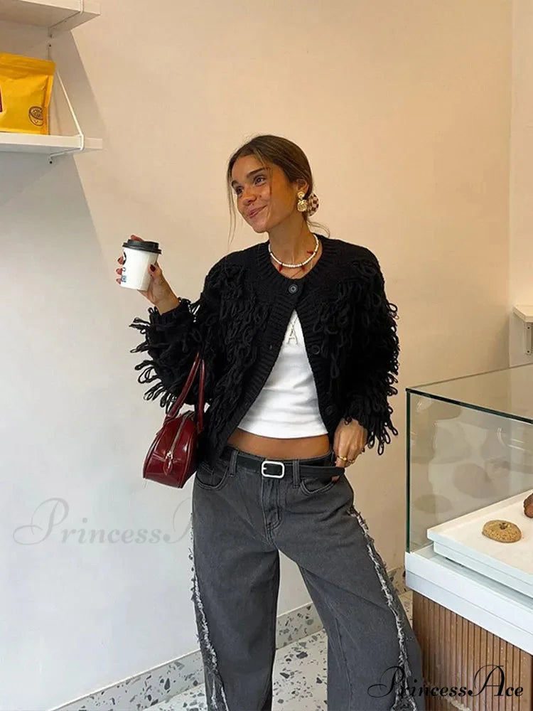 Dark Fringe Circular Neck Sweater cardigans-241228