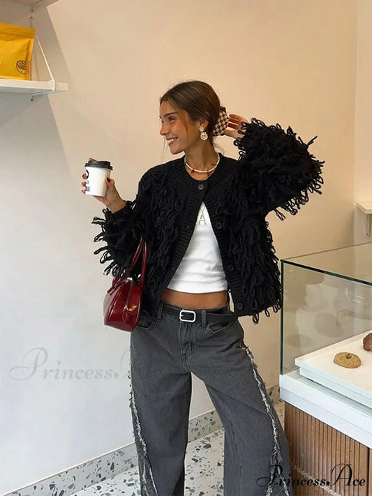 Dark Fringe Circular Neck Sweater cardigans-241228