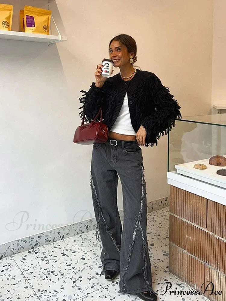 Dark Fringe Circular Neck Sweater cardigans-241228
