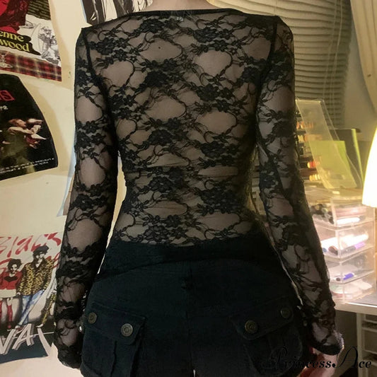 Dark Gothic Lace Partially Transparent Long Sleeve Cropped Knit Top knittop-250126