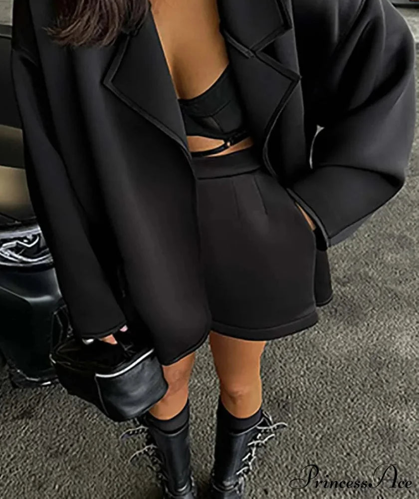 Dark Knitting Baggy Pockets Shorts Workplace Two Piece Set Black / S officetwopieceset-250223