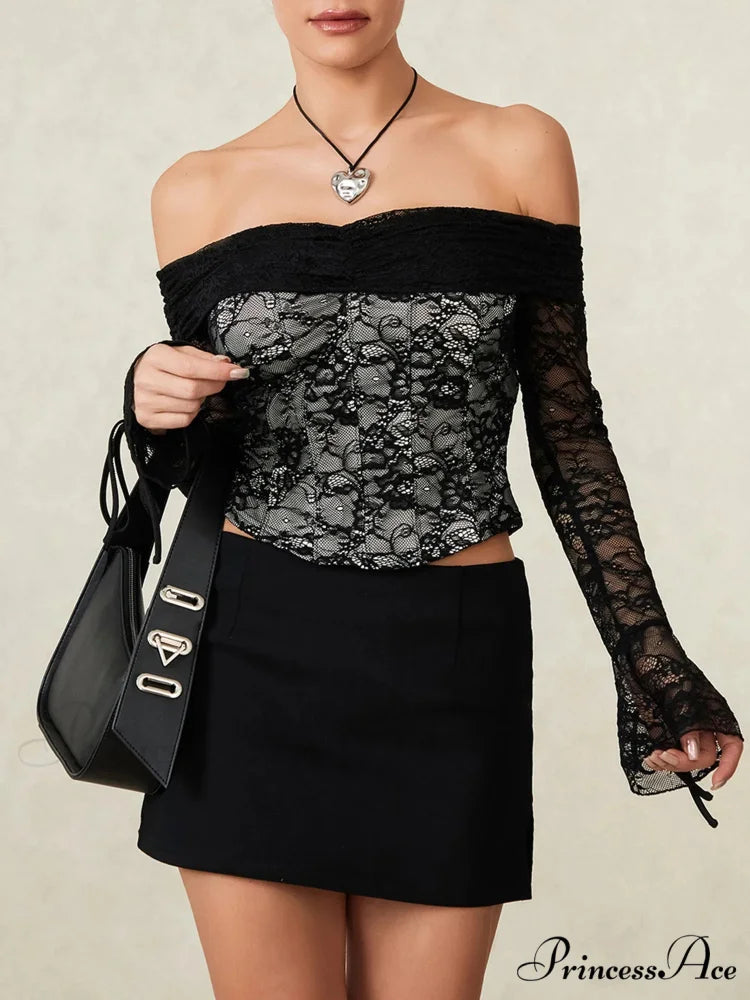 Dark Lace Blossom Transparent Off-the-shoulder Sleek Bodice Top Black / S croptop-250126