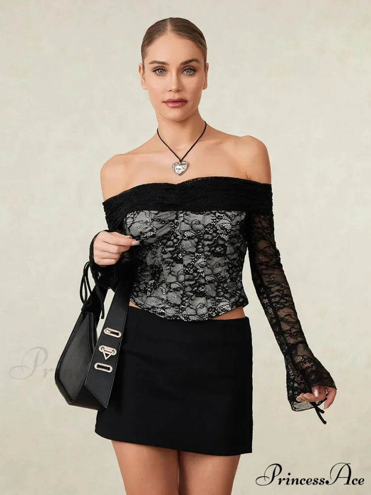 Dark Lace Blossom Transparent Off-the-shoulder Sleek Bodice Top croptop-250126