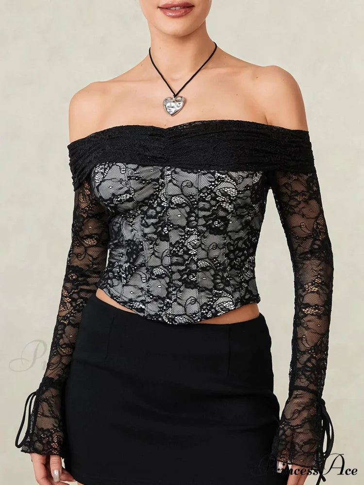 Dark Lace Blossom Transparent Off-the-shoulder Sleek Bodice Top croptop-250126