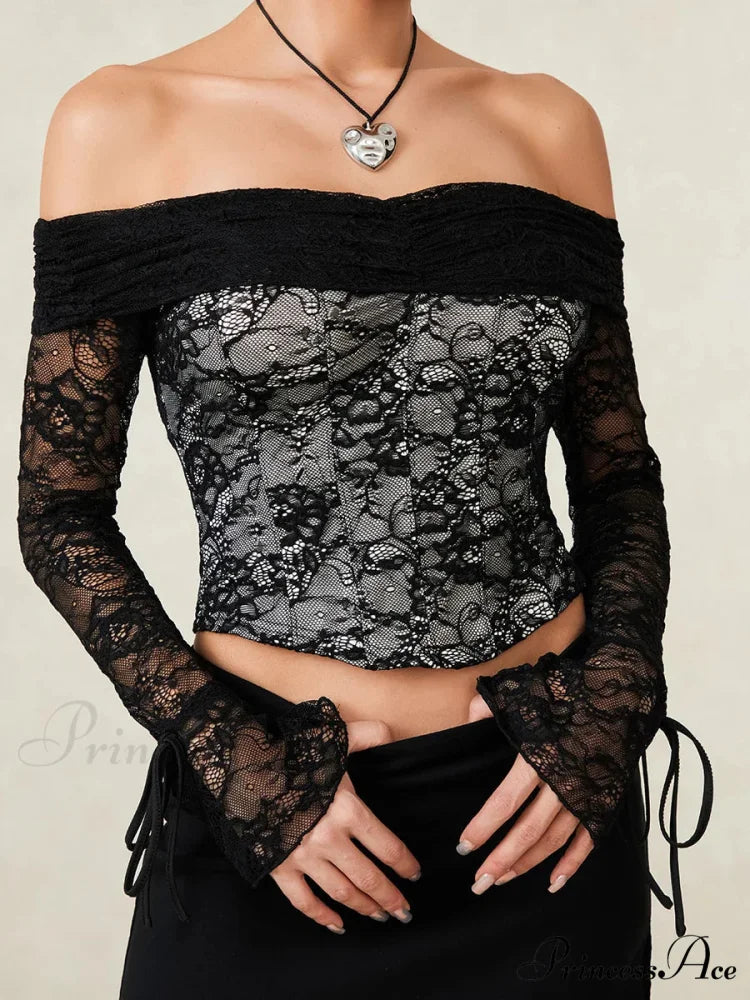 Dark Lace Blossom Transparent Off-the-shoulder Sleek Bodice Top croptop-250126