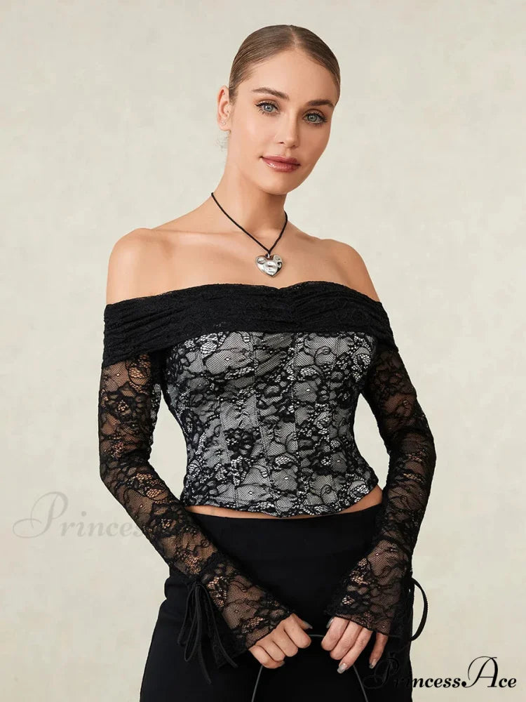 Dark Lace Blossom Transparent Off-the-shoulder Sleek Bodice Top croptop-250126
