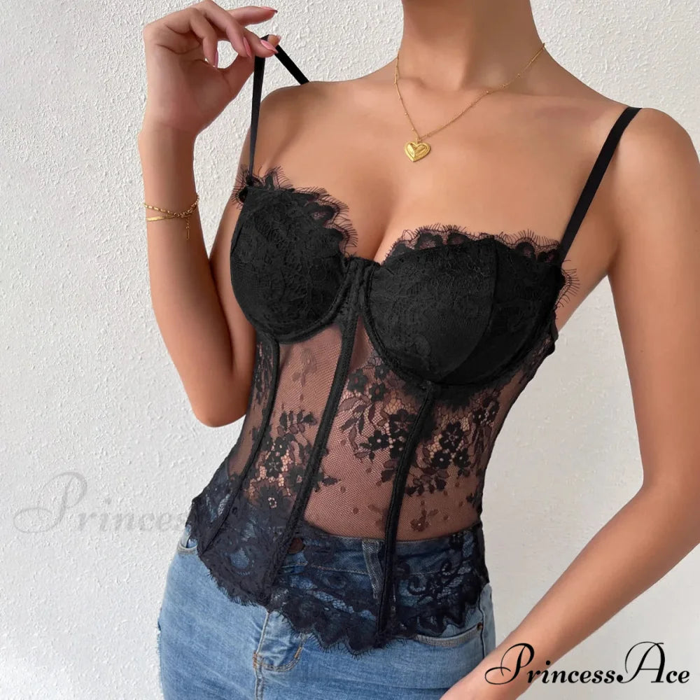 Dark Lace Eyelash Transparent Fishbone Bustier Black / XS croptop-250126