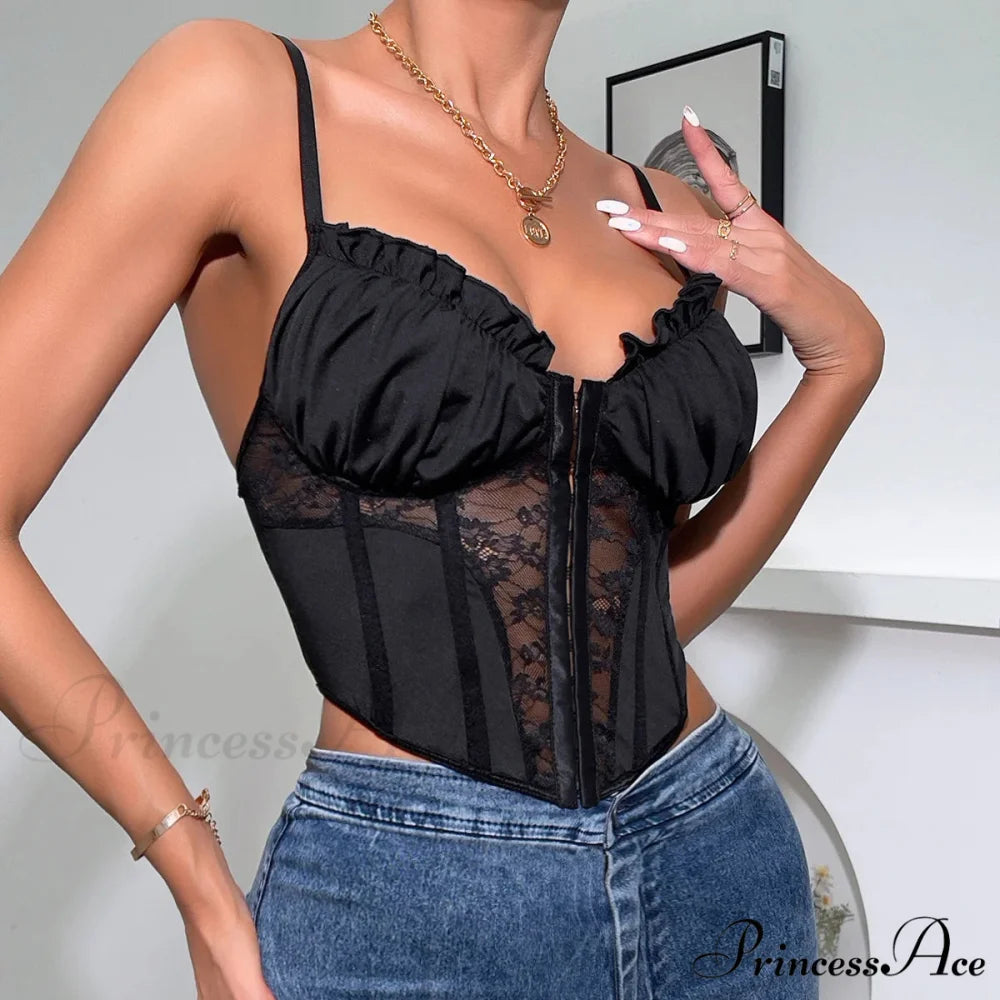 Dark Lace Folded Transparent Fishbone Spaghetti Top croptop-250126