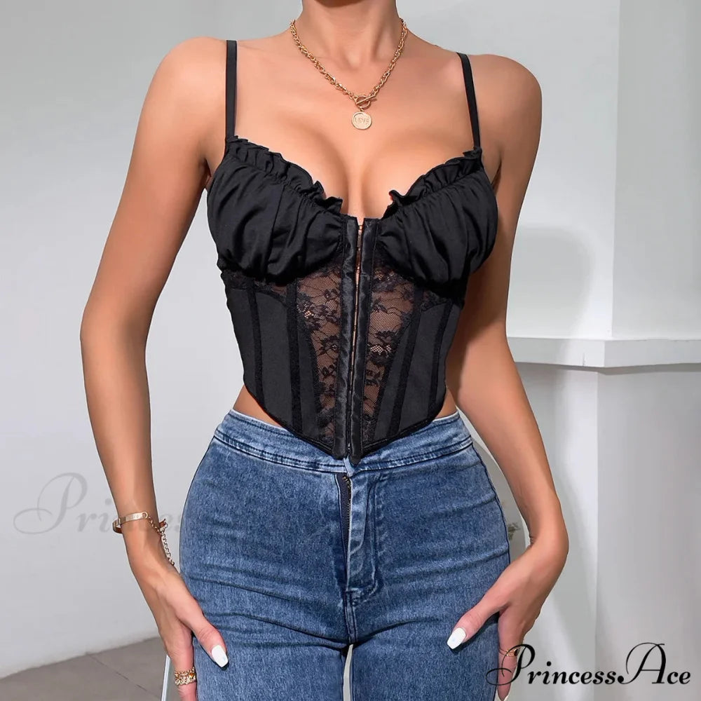 Dark Lace Folded Transparent Fishbone Spaghetti Top croptop-250126