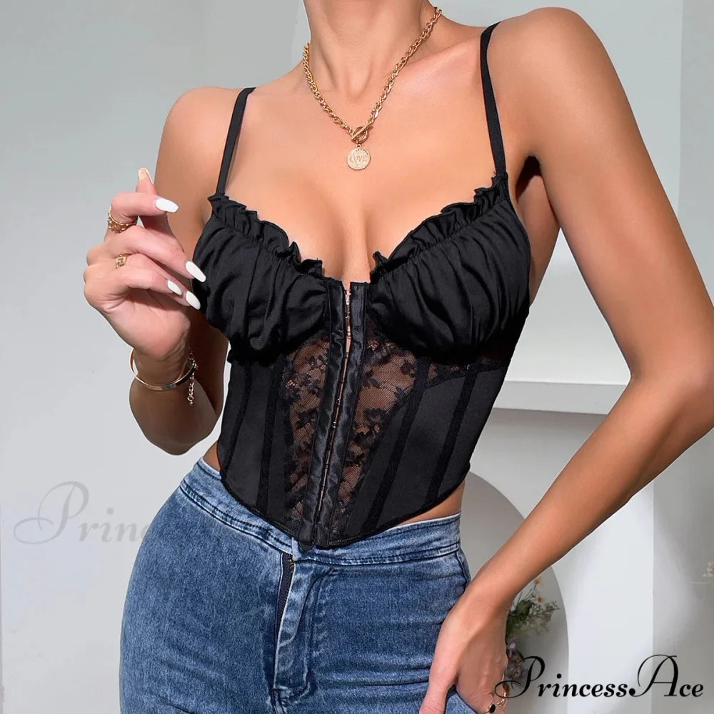 Dark Lace Folded Transparent Fishbone Spaghetti Top croptop-250126