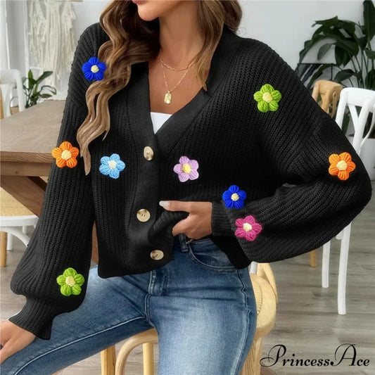Dark Lantern Sleeve Blossom Button-Up Knitted Cardigan Black / S cardiagn-250126