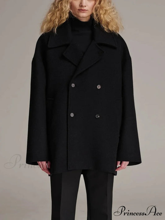 Dark Lapel Trim Single-Breasted Overcoat Black / XS overcoats-241228