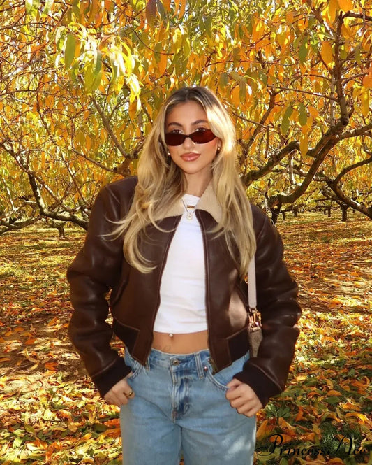 Dark Leather Lamb Wool Zipper Jacket Brown / S coats-241228