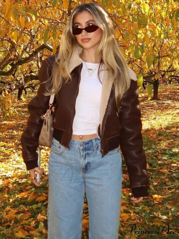 Dark Leather Lamb Wool Zipper Jacket coats-241228