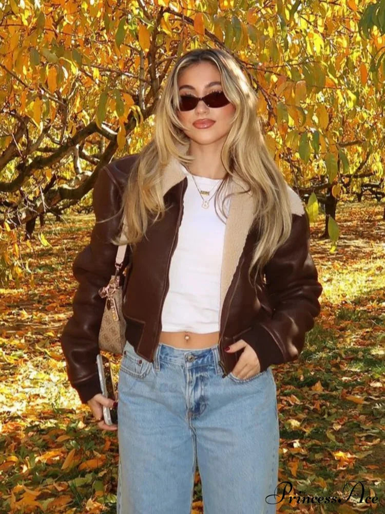 Dark Leather Lamb Wool Zipper Jacket coats-241228