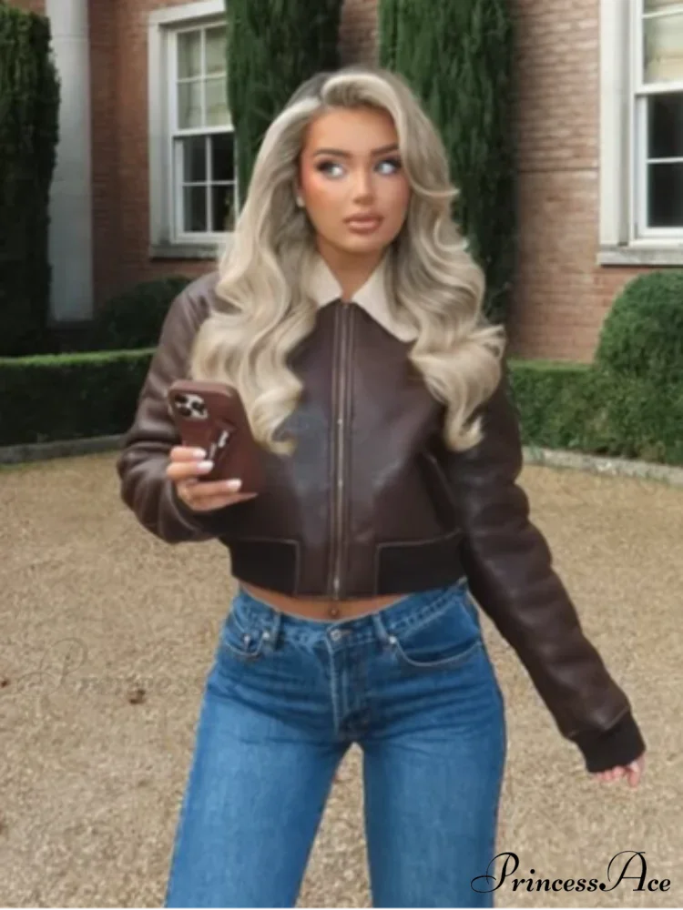 Dark Leather Lamb Wool Zipper Jacket coats-241228