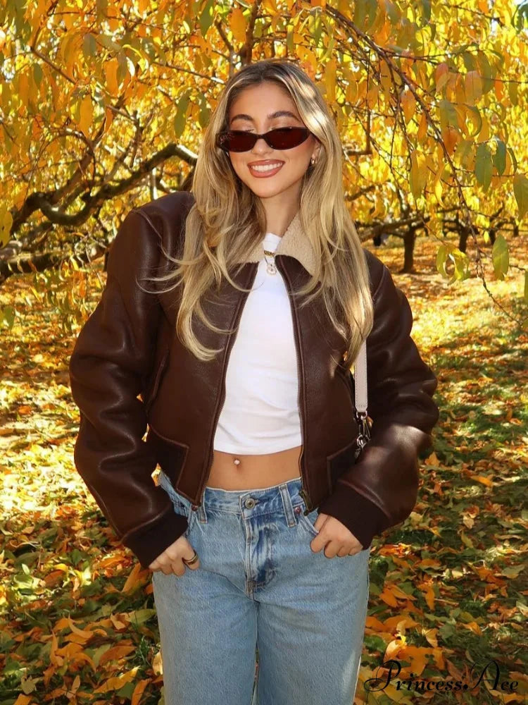 Dark Leather Lamb Wool Zipper Jacket coats-241228