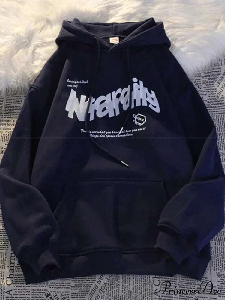 Dark Letter Print Informal Oversized Hoodie Navy Blue / M(40-50KG) hoodies-241228