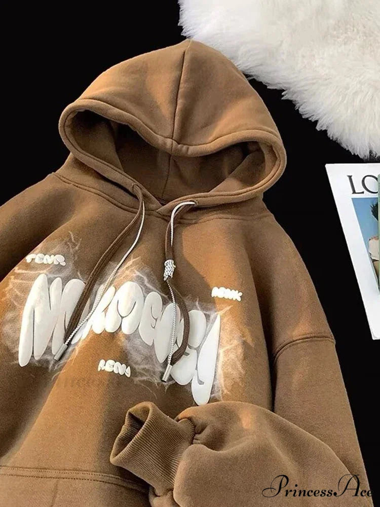 Dark Letter Print Y2K Retro Hoodie Brown / M(40-45KG) hoodies-241228